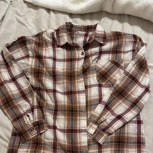 Amazon Women's Plaid Button Down Shirt - Brown, White, Red